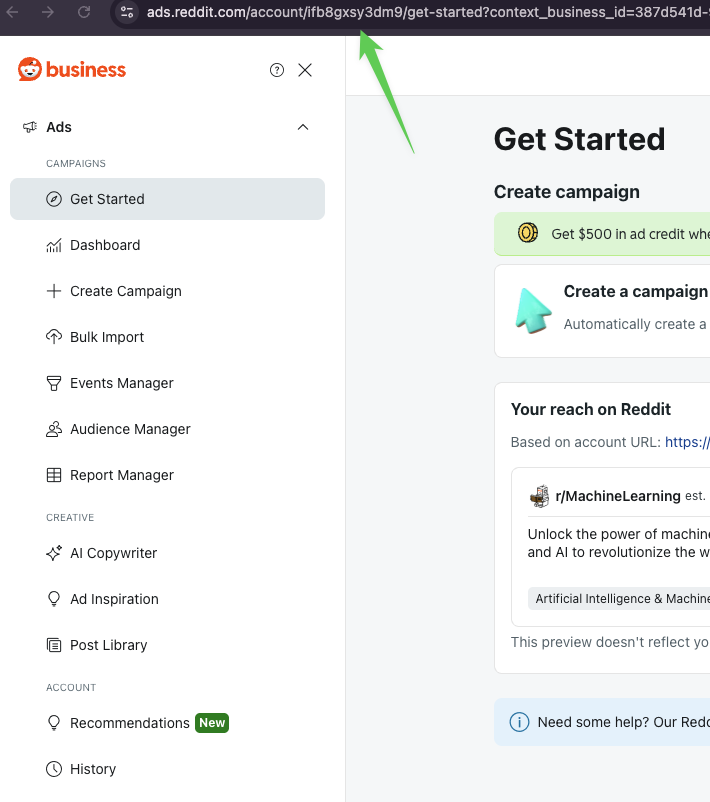 Reddit Ads Manager URL showing account ID